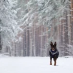 eleven and a half years old kelpie in winter forest