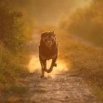sześć lat pies z dzikim wyrazem pyska pędzący w stronę fotografa, wschód słońca