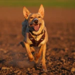 seven months old puppy running on a fiels